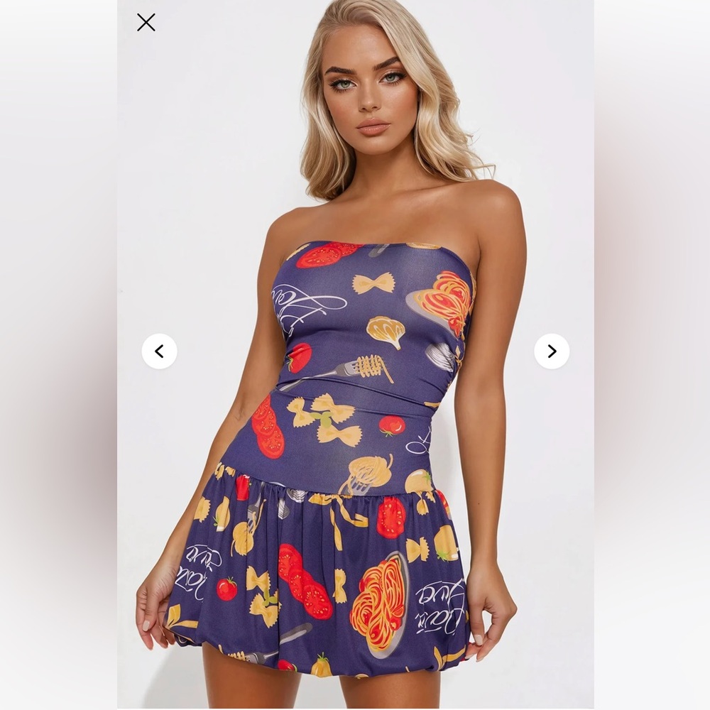 Fashion Nova Strapless Dress - Pasta Pattern Blue